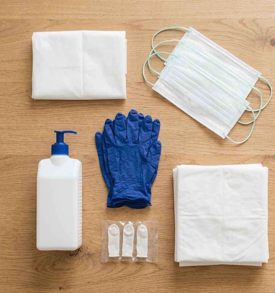 Pflegehilfsmittel wie Einmalhandschuhe, Mundschutz, Desinfektion und Einlagen auf einem Holztisch